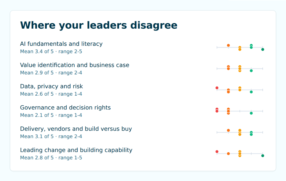 Where your leaders disagree: one dot per leader on each of the six domains, showing governance and decision rights clustered low with a single outlier high.