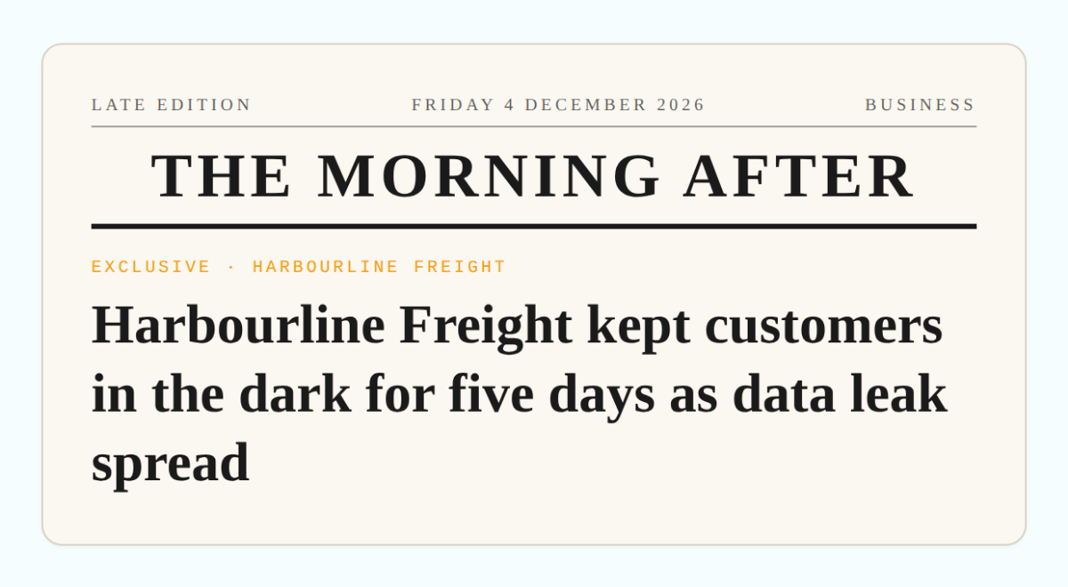 The morning after: a front page reading "Harbourline Freight kept customers in the dark for five days as data leak spread".